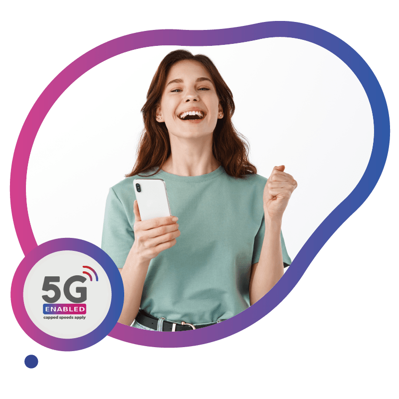 A person in a green shirt holds a smartphone displaying a 5G enabled logo alongside text about capped speeds, highlighting the fast and reliable connectivity offered by eSIM in Australia