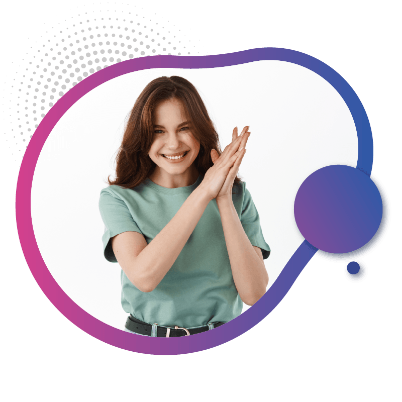 A woman in a mint green shirt claps her hands enthusiastically, framed by a colorful circular design, representing the excitement and ease of switching to digital eSIM technology in Australia.